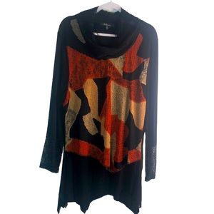 Calesaa tunic size XL mixed media back with earth tones asymmetrical hemline.